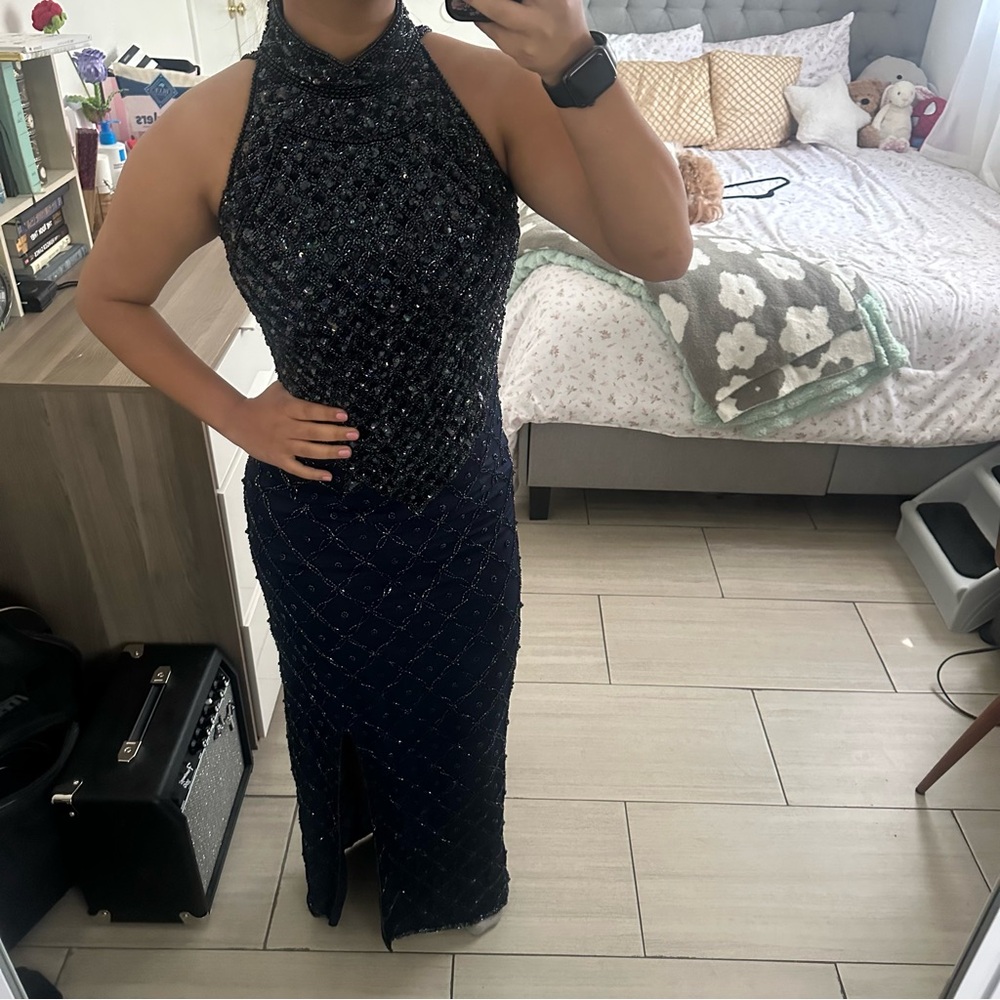 Elegant Navy Beaded Evening Gown